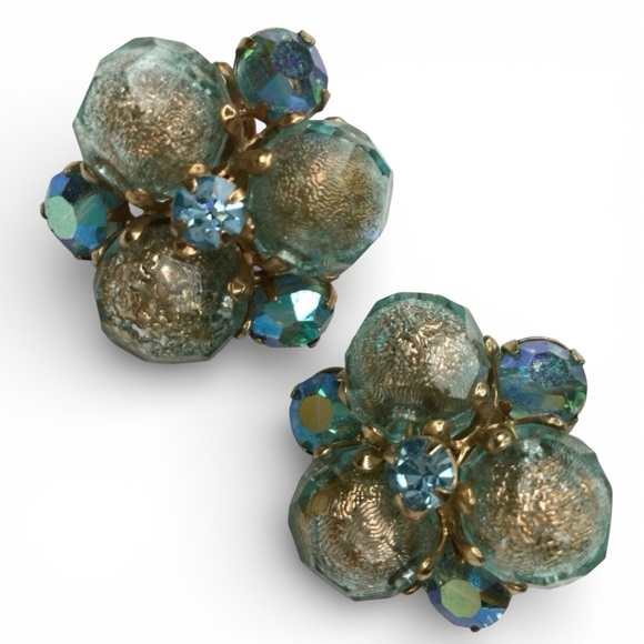 Vintage Signed VOGUE Cluster Earrings - Gold Tone, Blue & AB Rhinestones - Picture 5 of 11